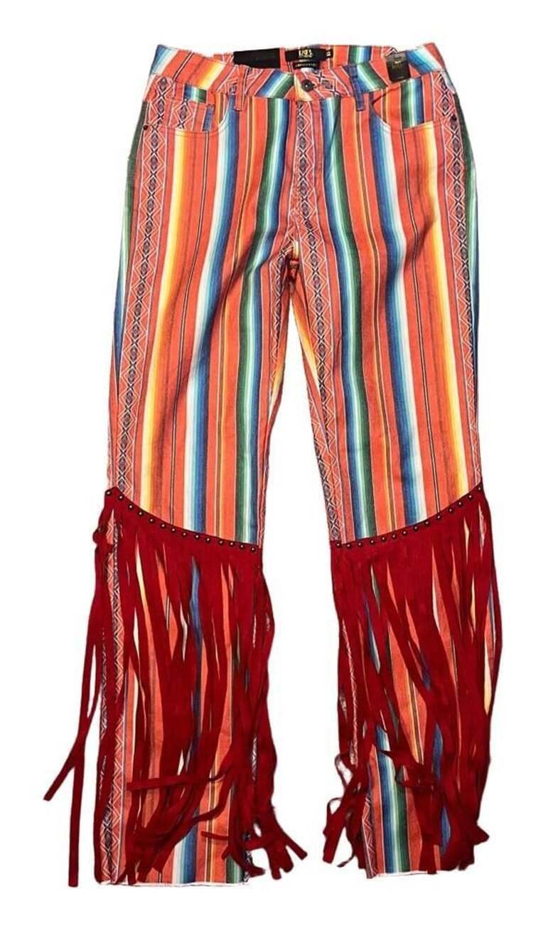 Cowgirl Western Lucky & Blessed Straight Leg Pants sz 12 Aztec Serape Fringe Red